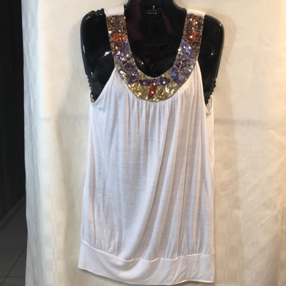 Celine by Champion White Tank Top with Sequined Neckline Size XL